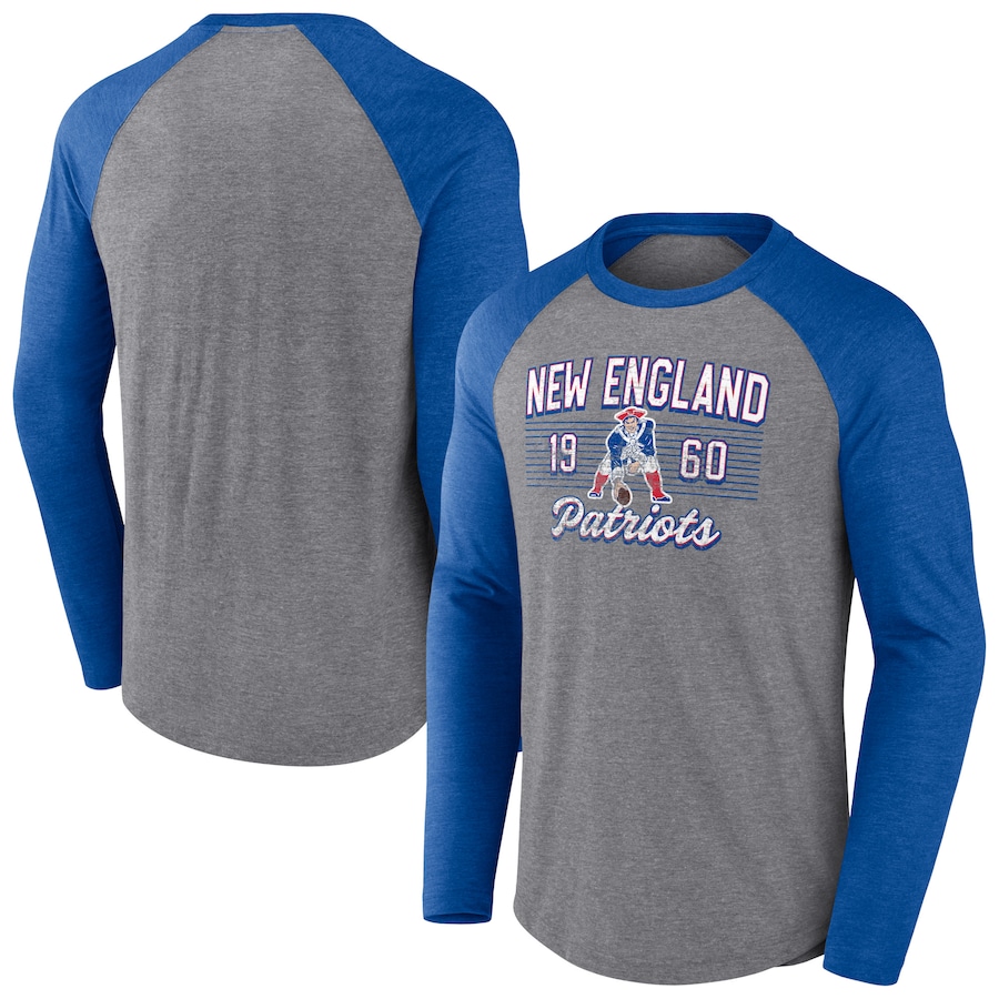 New England Patriots Heathered Gray/Heathered Royal Weekend Casual Raglan Long Sleeve T-Shirt - Man New England Patriots Heathered Gray/Heathered Royal Weekend Casual Raglan Long Sleeve T-Shirt - Man