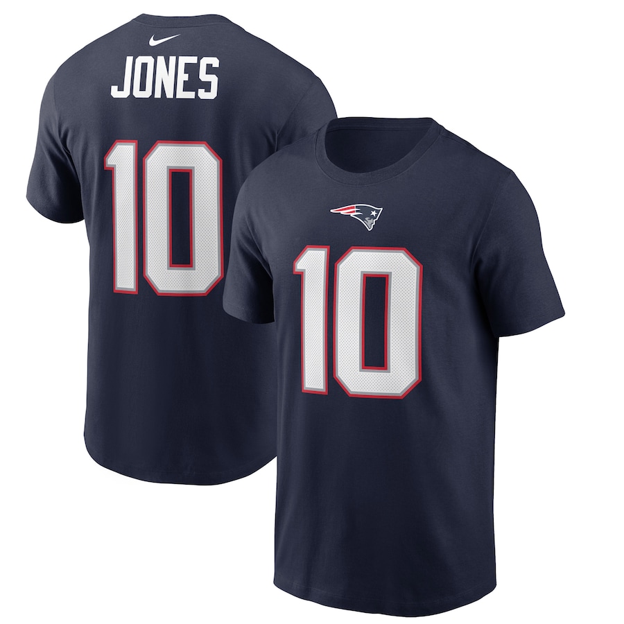 New England Patriots Mac Jones Football Navy Player Name & Number T-Shirt - Man