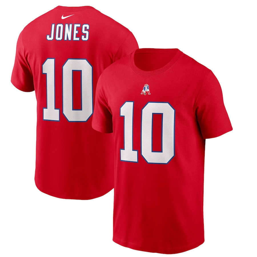 New England Patriots Mac Jones Football Red Alternate Player Name & Number T-Shirt - Man