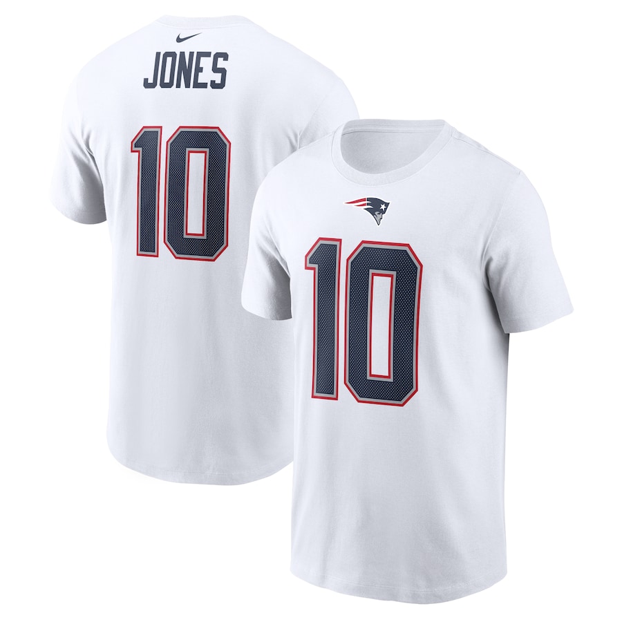 New England Patriots Mac Jones Football White Player Name & Number T-Shirt - Man