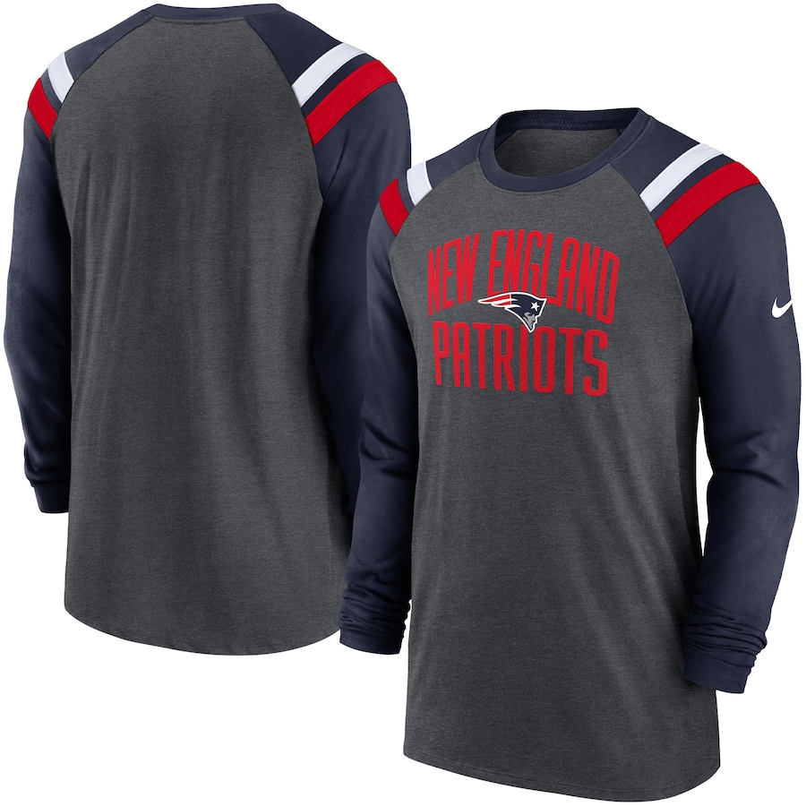 New England Patriots Football Heathered Charcoal/Navy Tri-Blend Raglan Athletic Long Sleeve Fashion T-Shirt - Man