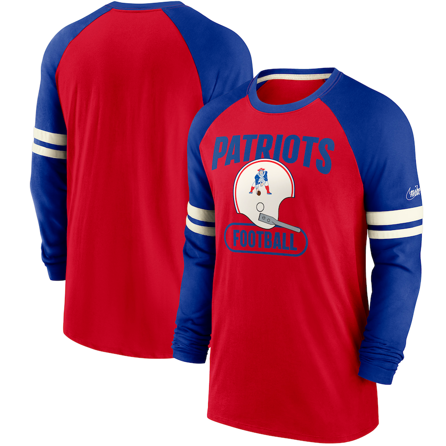 New England Patriots Football Red/Royal Throwback Raglan Long Sleeve T-Shirt - Man New England Patriots Football Red/Royal Throwback Raglan Long Sleeve T-Shirt - Man