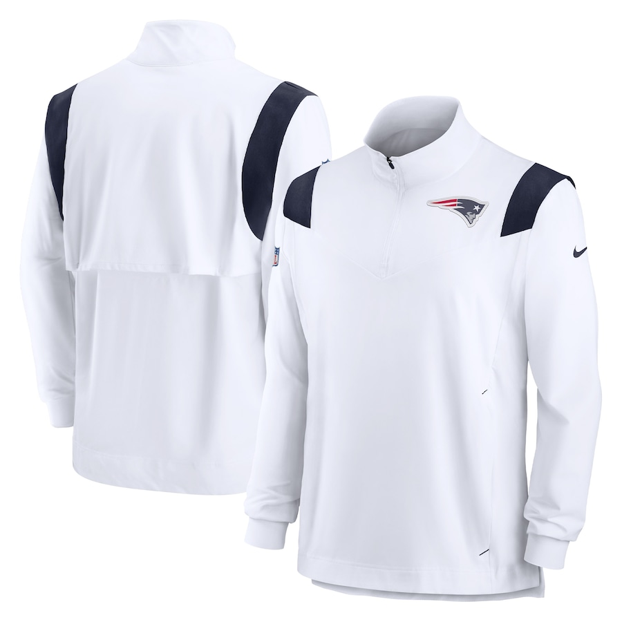 New England Patriots Football White Sideline Coach Chevron Lockup Quarter-Zip Long Sleeve Top - Man New England Patriots Football White Sideline Coach Chevron Lockup Quarter-Zip Long Sleeve Top - Man