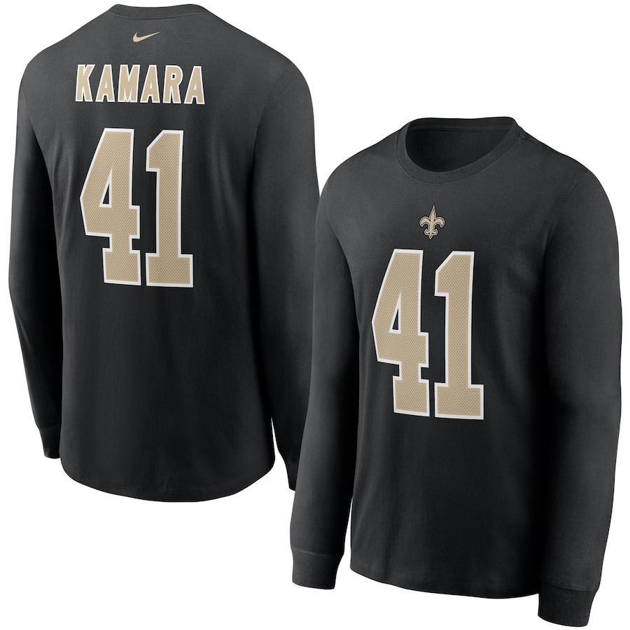 New Orleans Saints Alvin Kamara Football Black Player Name & Number Long Sleeve T-Shirt - Man New Orleans Saints Alvin Kamara Football Black Player Name & Number Long Sleeve T-Shirt - Man