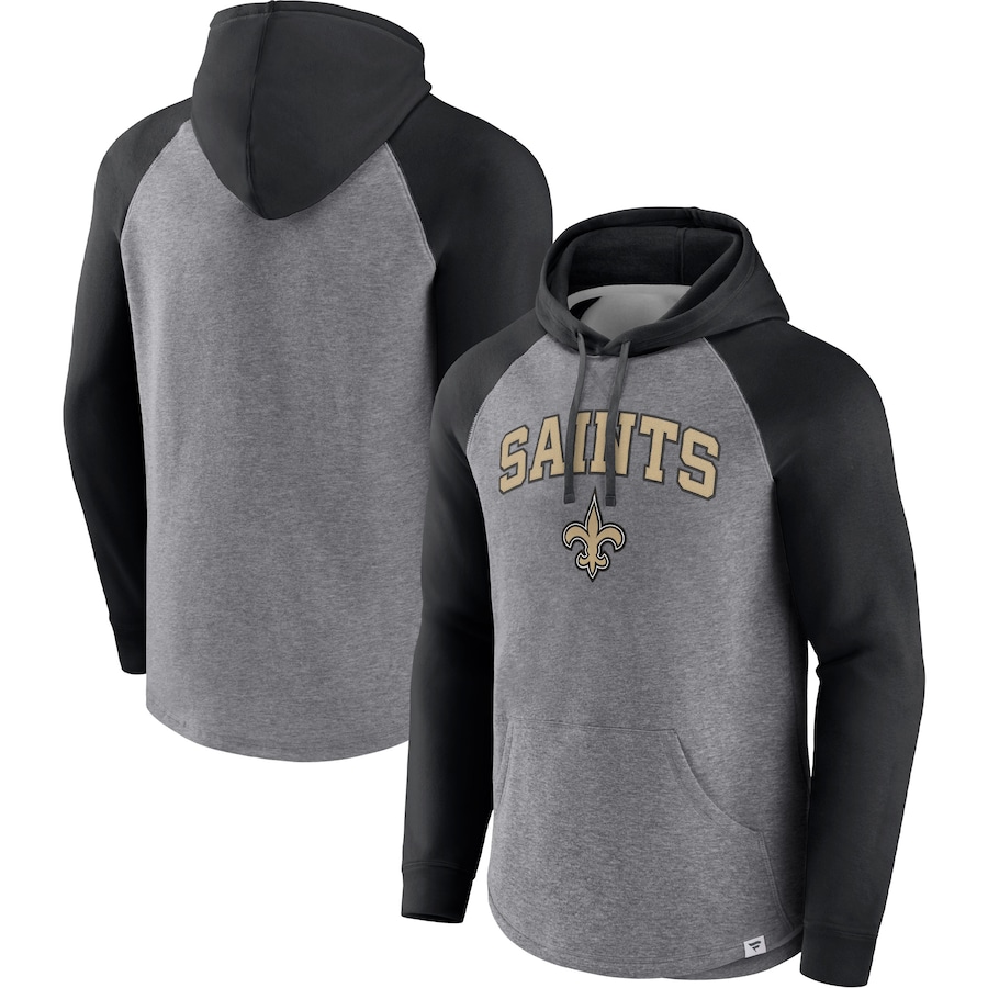 New Orleans Saints Heathered Gray/Black By Design Raglan Pullover Hoodie - Man New Orleans Saints Heathered Gray/Black By Design Raglan Pullover Hoodie - Man