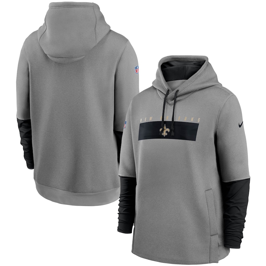 New Orleans Saints Football Heathered Gray/Black Sideline Playbook Performance Pullover Hoodie - Man New Orleans Saints Football Heathered Gray/Black Sideline Playbook Performance Pullover Hoodie - Man