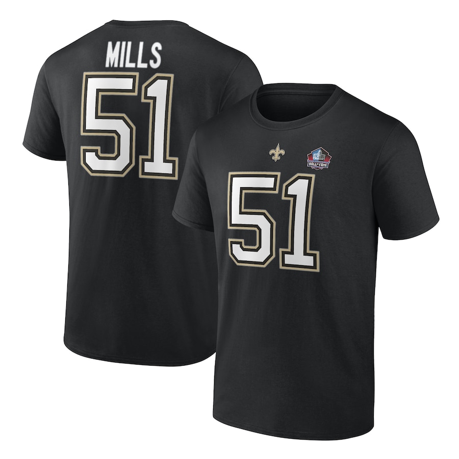 New Orleans Saints Sam Mills Black Hall of Fame Name & Number T-Shirt - Man New Orleans Saints Sam Mills Black Hall of Fame Name & Number T-Shirt - Man