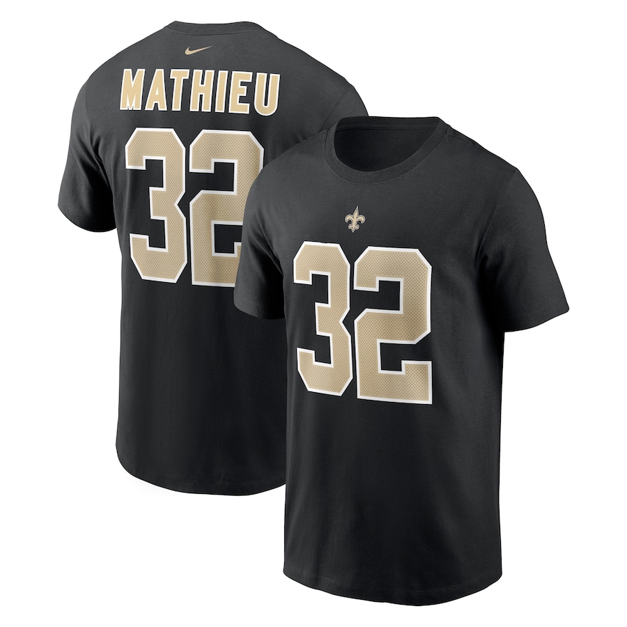 New Orleans Saints Tyrann Mathieu Football Black Player Name & Number T-Shirt - Man New Orleans Saints Tyrann Mathieu Football Black Player Name & Number T-Shirt - Man