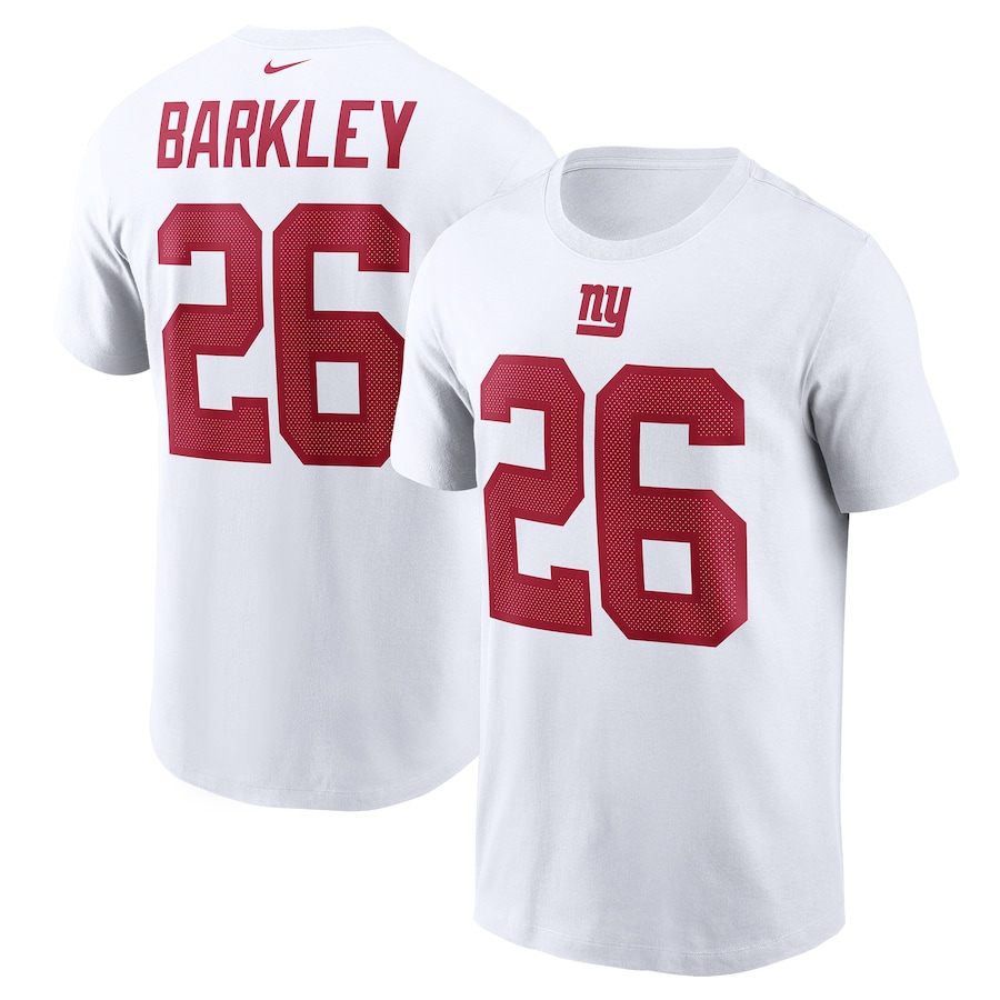 New York Giants Saquon Barkley Football White Name & Number T-Shirt - Man New York Giants Saquon Barkley Football White Name & Number T-Shirt - Man
