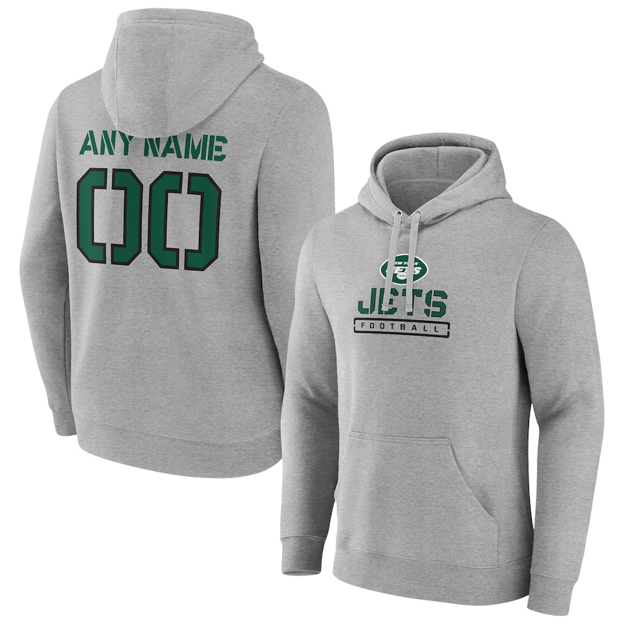 New York Jets Gray Personalized Name & Number Evanston Stencil Pullover Hoodie - Man