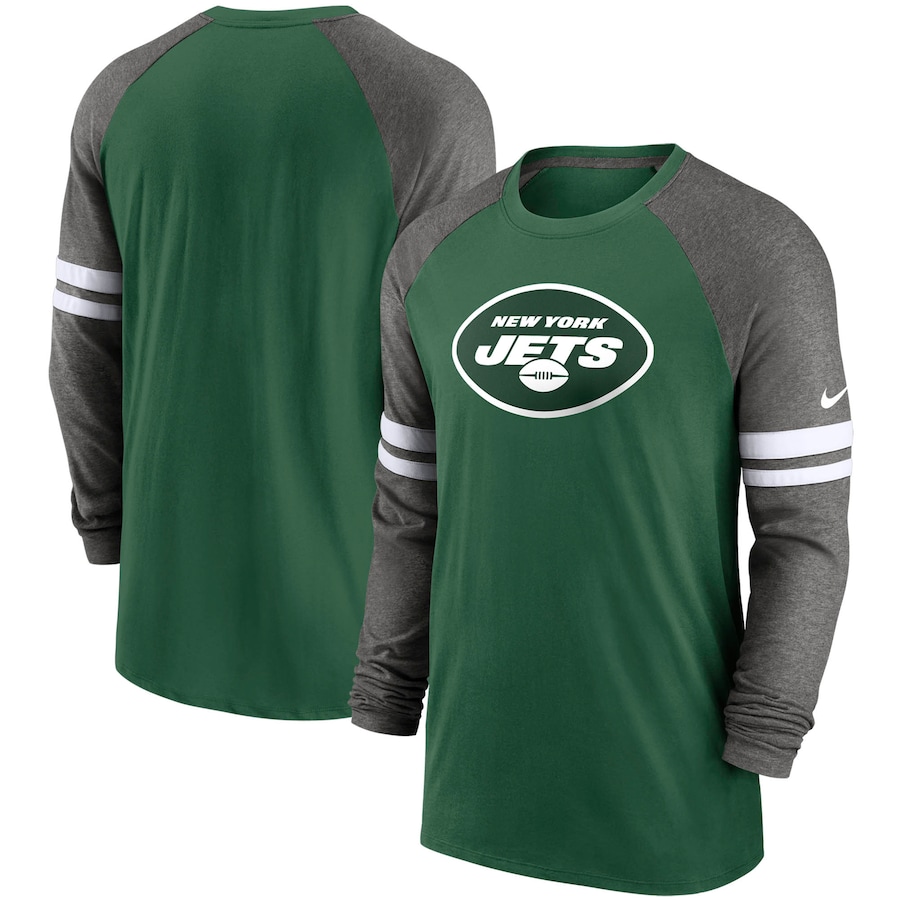 New York Jets Football Green/Charcoal Performance Raglan Long Sleeve T-Shirt - Man New York Jets Football Green/Charcoal Performance Raglan Long Sleeve T-Shirt - Man