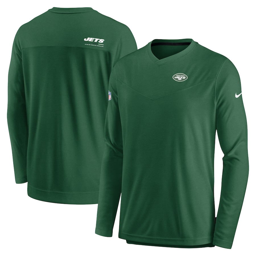 New York Jets Football Green Sideline Coach Chevron Lock Up Long Sleeve V-Neck Performance T-Shirt - Man New York Jets Football Green Sideline Coach Chevron Lock Up Long Sleeve V-Neck Performance T-Shirt - Man