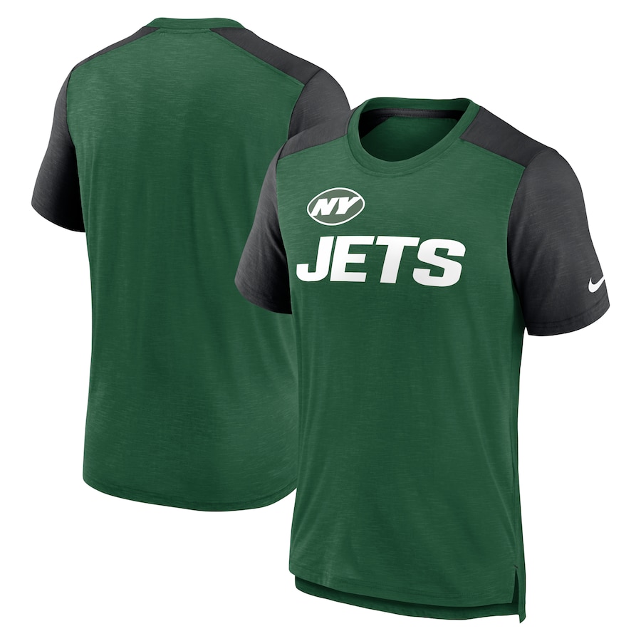 New York Jets Football Heathered Green/Heathered Black Color Block Team Name T-Shirt - Man New York Jets Football Heathered Green/Heathered Black Color Block Team Name T-Shirt - Man