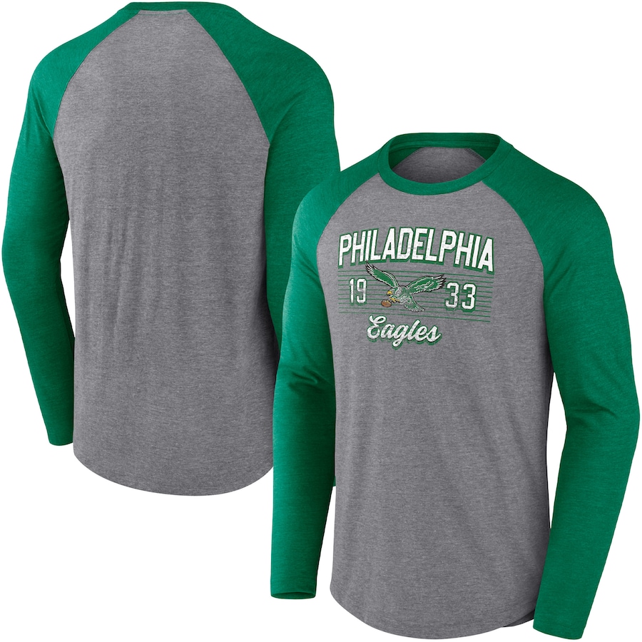 Philadelphia Eagles Heathered Gray/Heathered Kelly Green Weekend Casual Raglan Long Sleeve T-Shirt - Man Philadelphia Eagles Heathered Gray/Heathered Kelly Green Weekend Casual Raglan Long Sleeve T-Shirt - Man