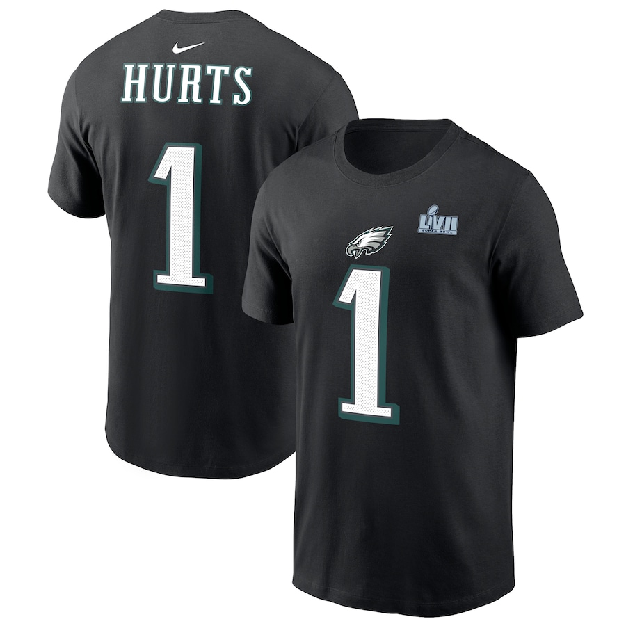 Philadelphia Eagles Jalen Hurts Football Black Super Bowl LVII Name & Number T-Shirt - Man Philadelphia Eagles Jalen Hurts Football Black Super Bowl LVII Name & Number T-Shirt - Man