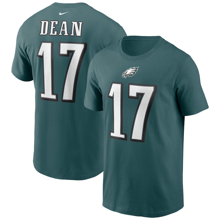 Philadelphia Eagles Nakobe Dean Football Midnight Green 2022 NFL Draft Player Name & Number T-Shirt - Man Philadelphia Eagles Nakobe Dean Football Midnight Green 2022 NFL Draft Player Name & Number T-Shirt - Man