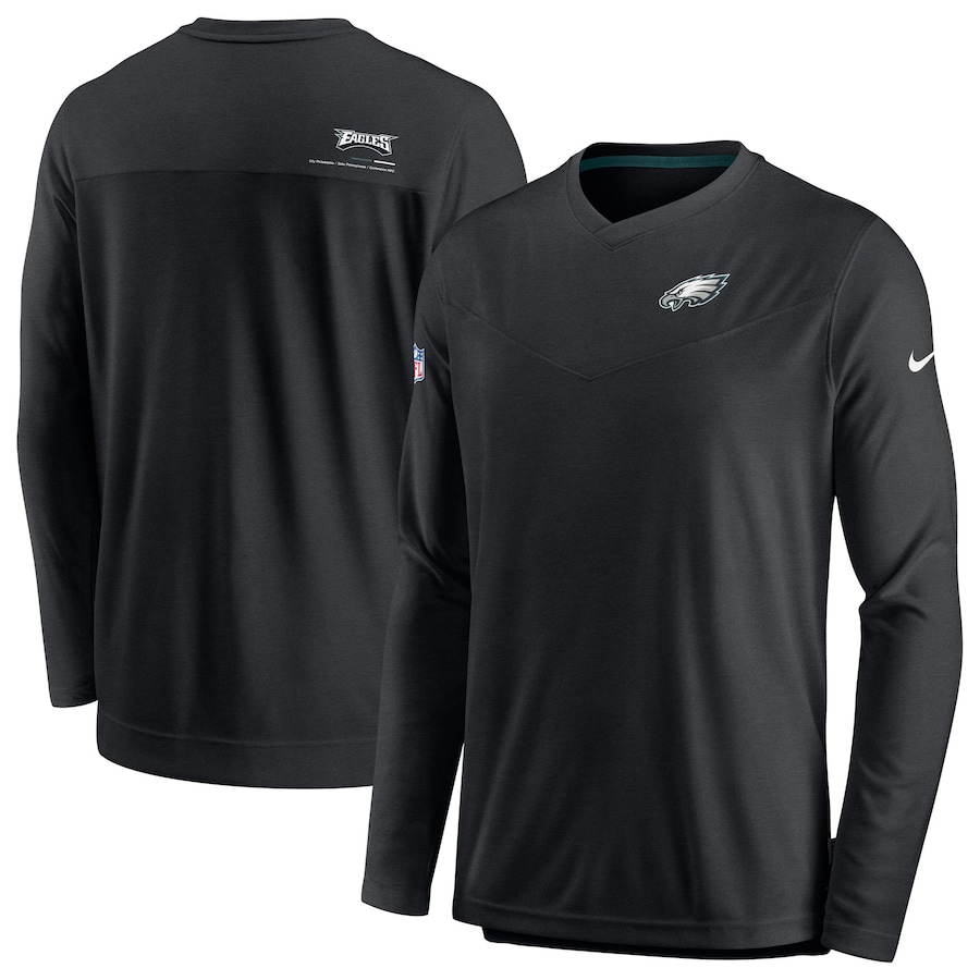 Philadelphia Eagles Football Black Sideline Coach Chevron Lock Up Long Sleeve V-Neck Performance T-Shirt - Man