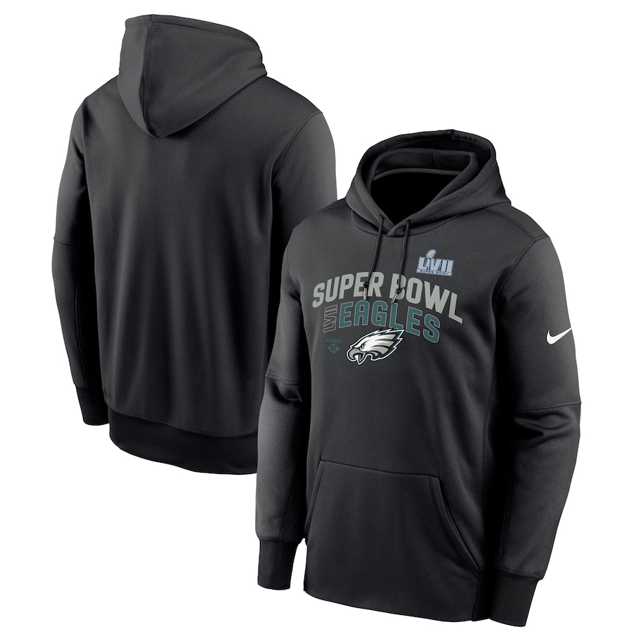 Philadelphia Eagles Football Black Super Bowl LVII Team Logo Lockup Therma Performance Pullover Hoodie - Man