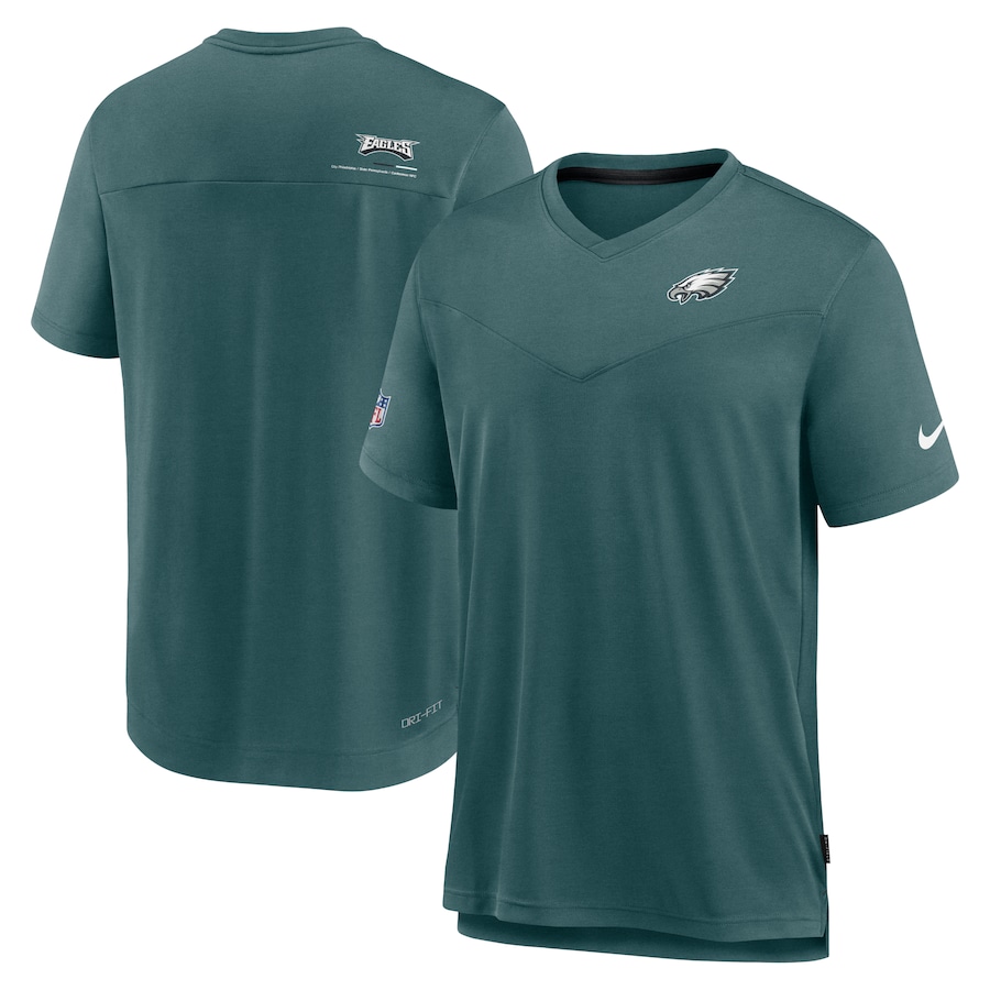 Philadelphia Eagles Football Heather Green Sideline Coach Chevron Lock Up Logo V-Neck Performance T-Shirt - Man