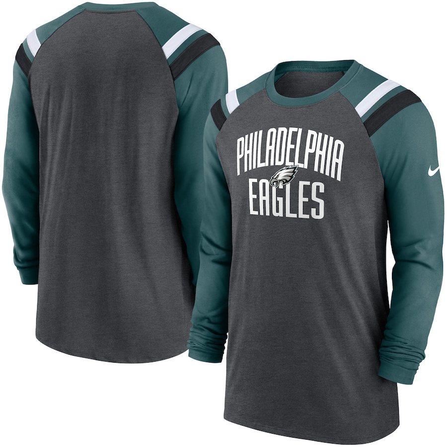 Philadelphia Eagles Football Heathered Charcoal/Midnight Green Tri-Blend Raglan Athletic Long Sleeve Fashion T-Shirt - Man