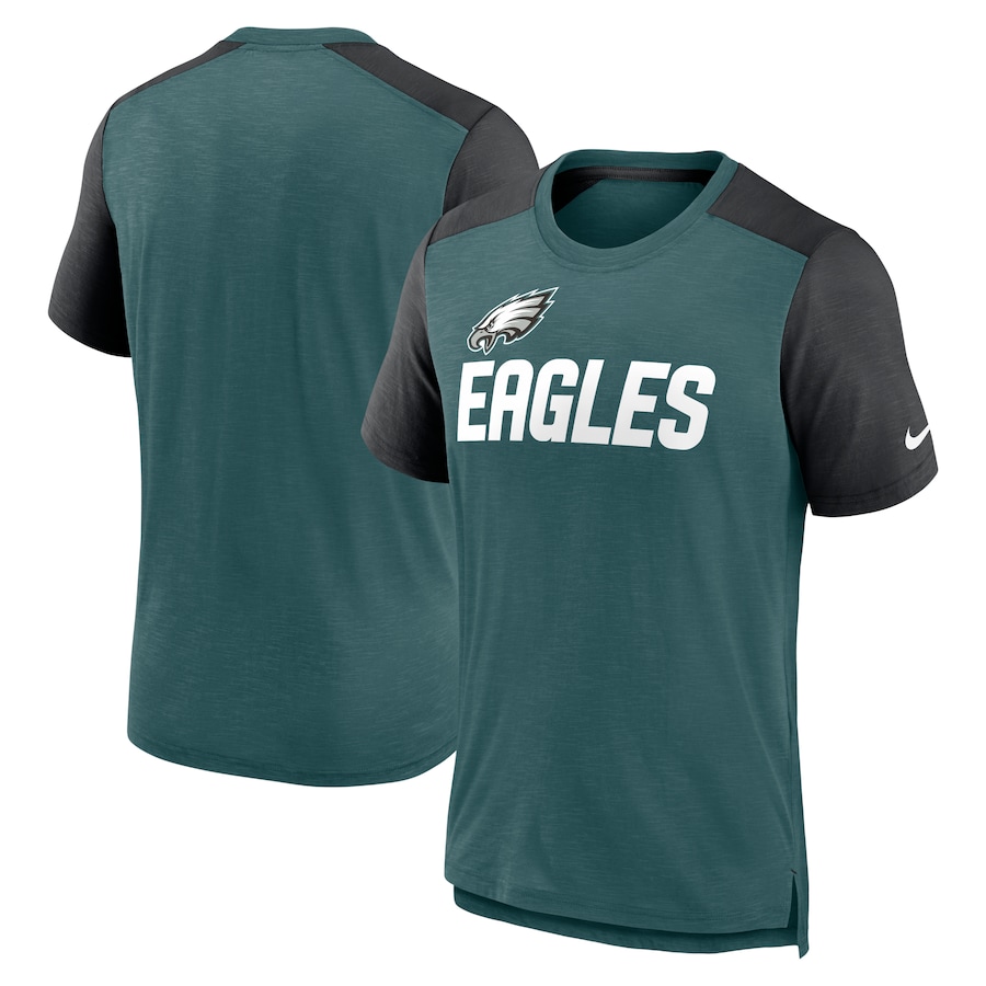 Philadelphia Eagles Football Heathered Midnight Green/Heathered Black Color Block Team Name T-Shirt - Man