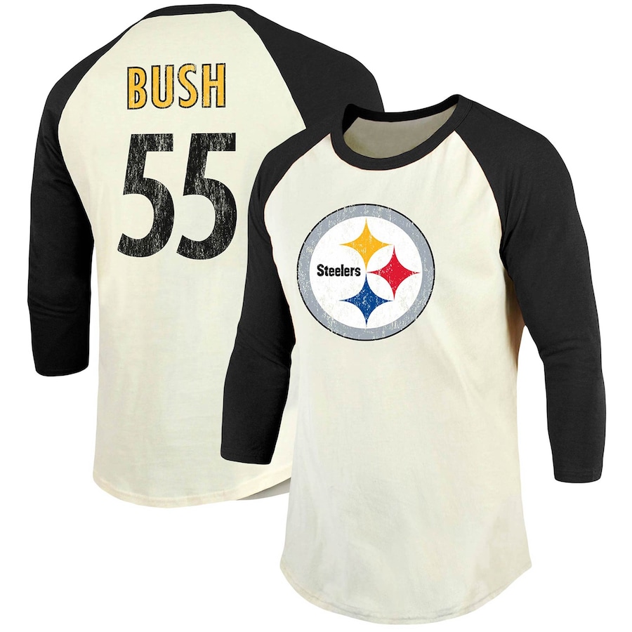 Pittsburgh Steelers Devin Bush Cream/Black Vintage Player Name & Number Raglan 3/4-Sleeve T-Shirt - Man Pittsburgh Steelers Devin Bush Cream/Black Vintage Player Name & Number Raglan 3/4-Sleeve T-Shirt - Man