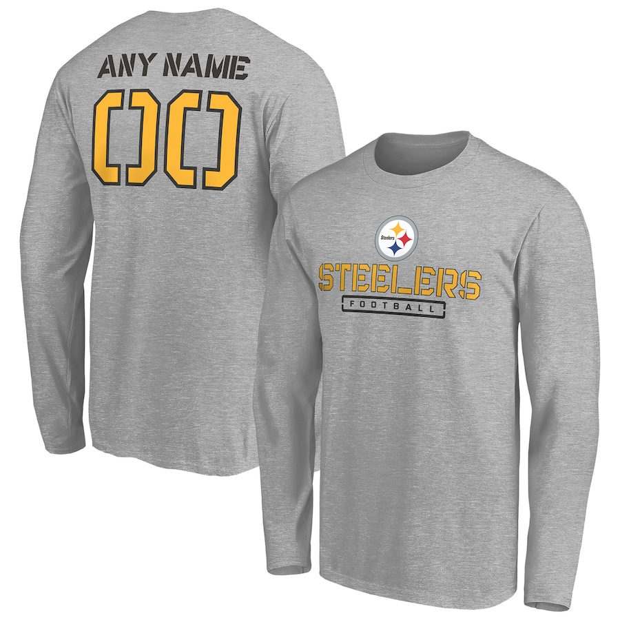 Pittsburgh Steelers Gray Personalized Name & Number Evanston Stencil Long Sleeve T-Shirt - Man Pittsburgh Steelers Gray Personalized Name & Number Evanston Stencil Long Sleeve T-Shirt - Man
