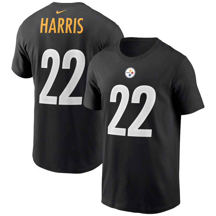 Pittsburgh Steelers Najee Harris Football Black Player Name & Number T-Shirt - Man Pittsburgh Steelers Najee Harris Football Black Player Name & Number T-Shirt - Man