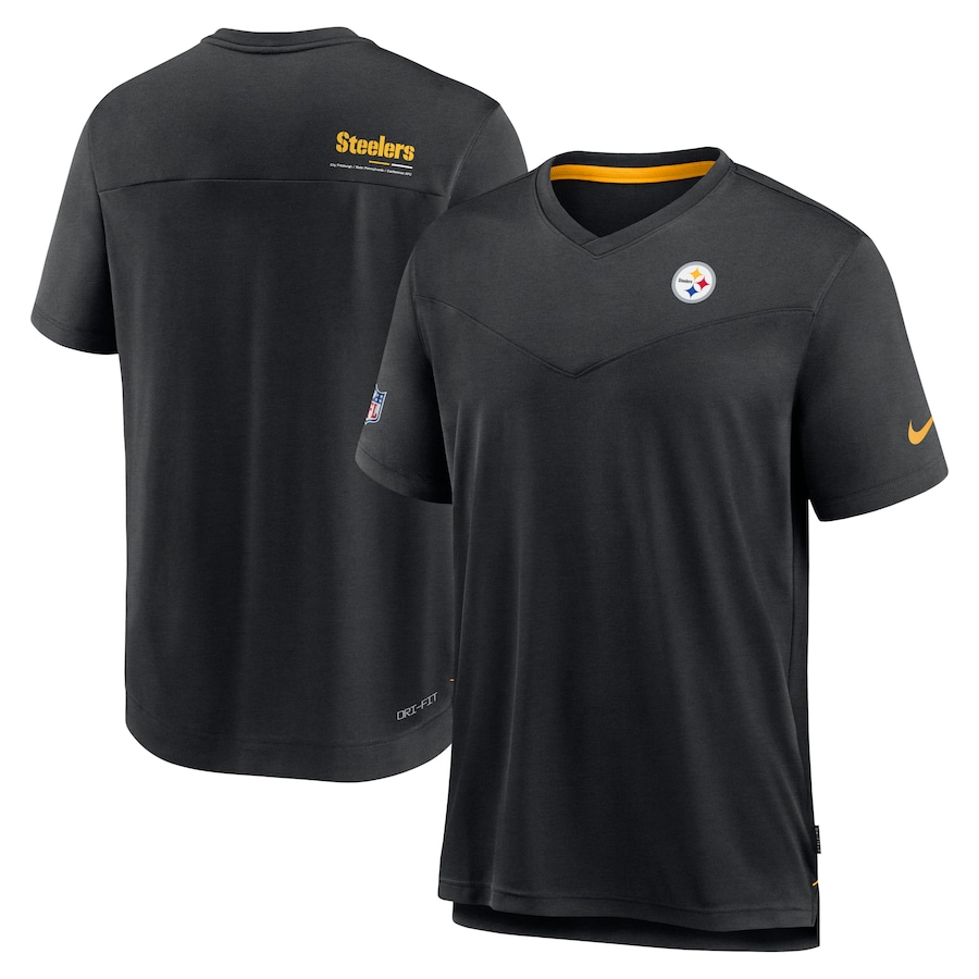Pittsburgh Steelers Football Black Sideline Coach Chevron Lock Up Logo V-Neck Performance T-Shirt - Man Pittsburgh Steelers Football Black Sideline Coach Chevron Lock Up Logo V-Neck Performance T-Shirt - Man