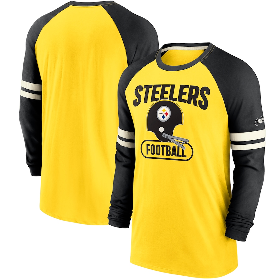 Pittsburgh Steelers Football Gold/Black Throwback Raglan Long Sleeve T-Shirt - Man Pittsburgh Steelers Football Gold/Black Throwback Raglan Long Sleeve T-Shirt - Man
