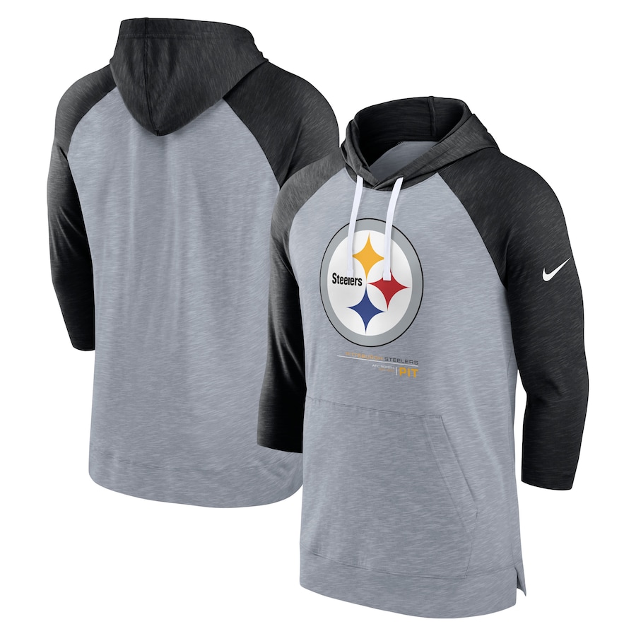 Pittsburgh Steelers Football Heather Gray/Heather Black Raglan 3/4-Sleeve Pullover Hoodie - Man