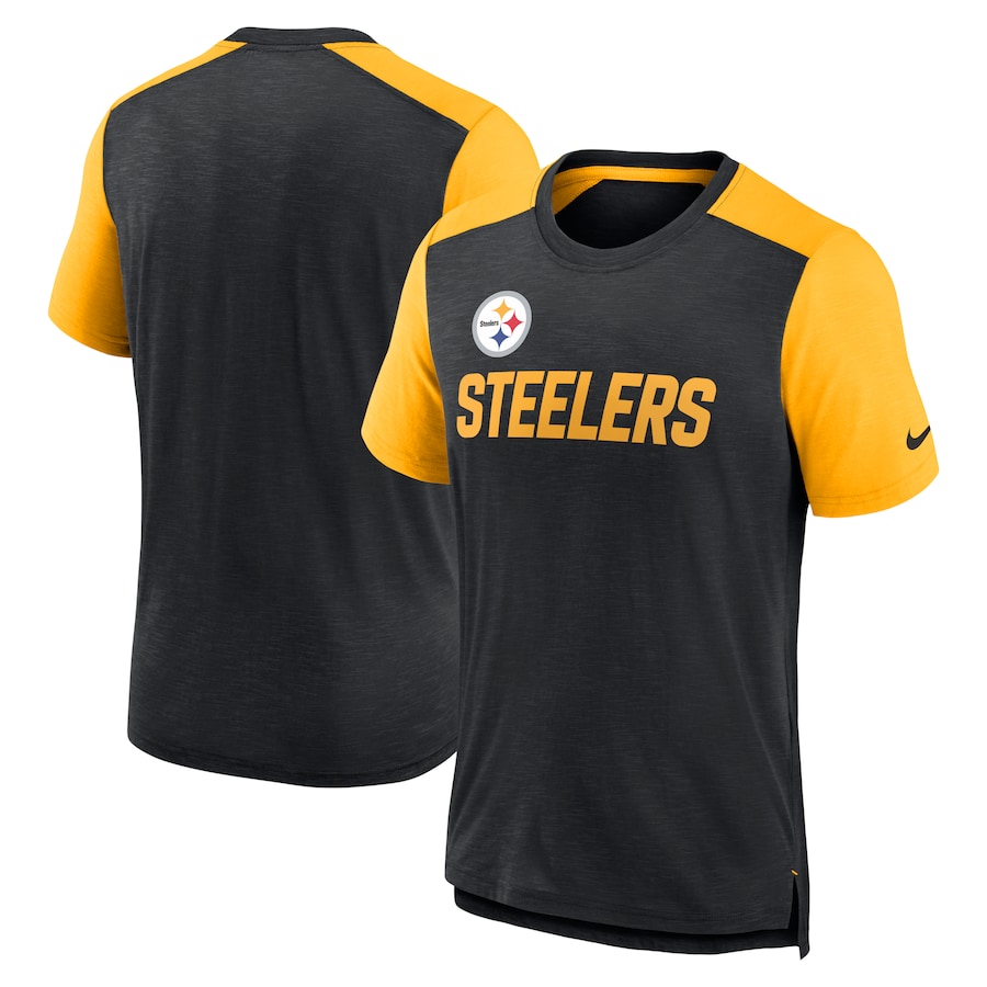 Pittsburgh Steelers Football Heathered Black/Heathered Gold Color Block Team Name T-Shirt - Man Pittsburgh Steelers Football Heathered Black/Heathered Gold Color Block Team Name T-Shirt - Man