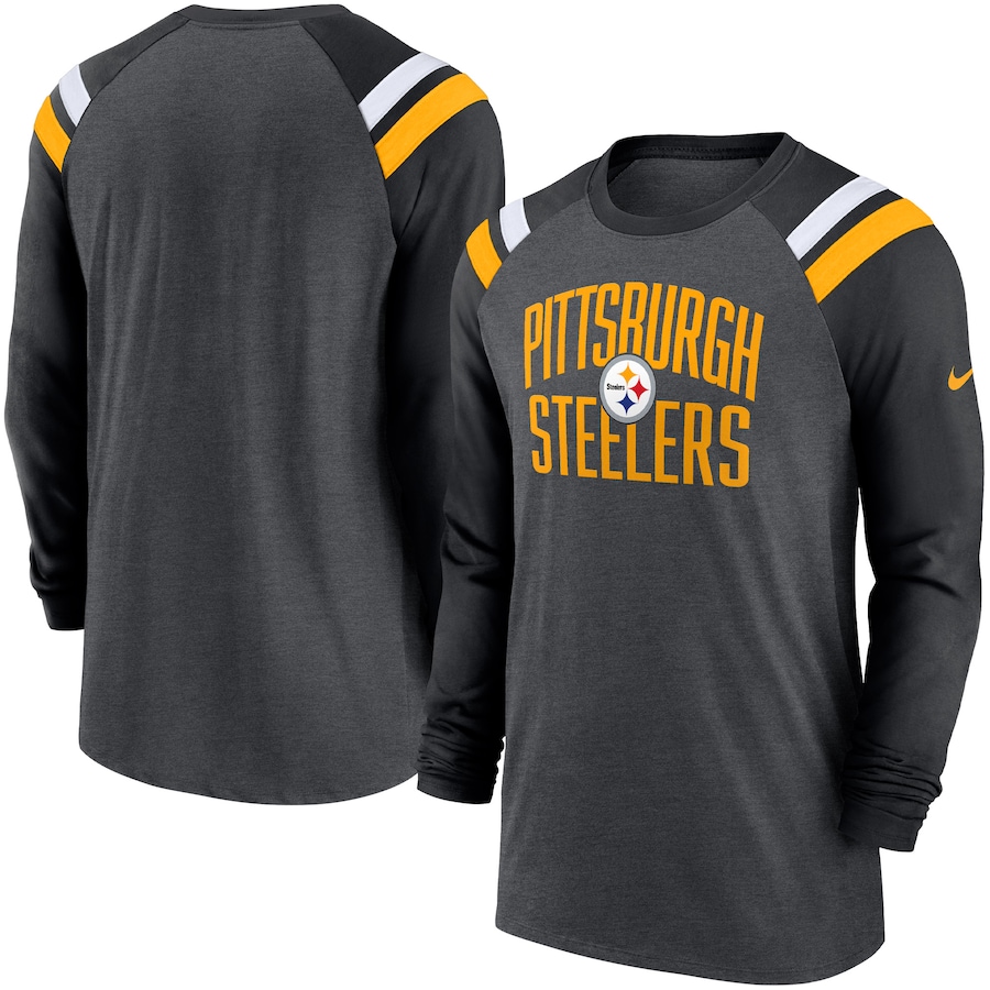 Pittsburgh Steelers Football Heathered Charcoal/Black Tri-Blend Raglan Athletic Long Sleeve Fashion T-Shirt - Man Pittsburgh Steelers Football Heathered Charcoal/Black Tri-Blend Raglan Athletic Long Sleeve Fashion T-Shirt - Man