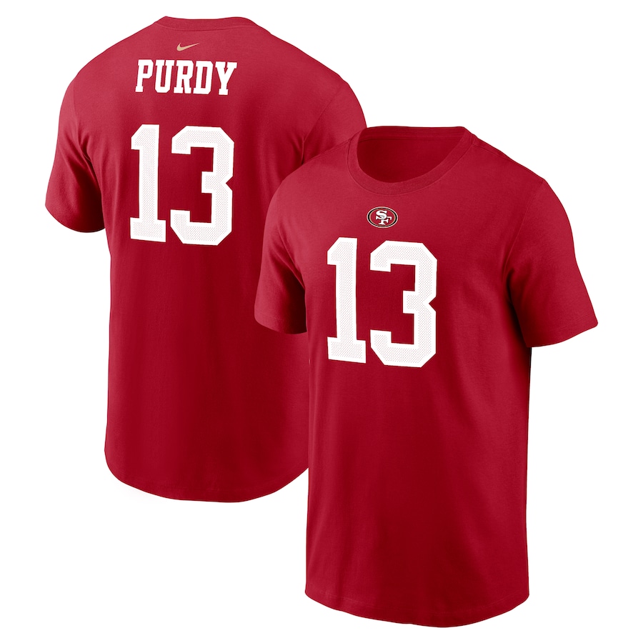 San Francisco 49ers Brock Purdy Football Scarlet Player Name & Number T-Shirt - Man San Francisco 49ers Brock Purdy Football Scarlet Player Name & Number T-Shirt - Man