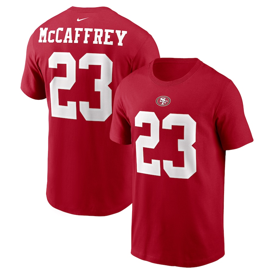 San Francisco 49ers Christian McCaffrey Football Scarlet Player Name & Number T-Shirt - Man San Francisco 49ers Christian McCaffrey Football Scarlet Player Name & Number T-Shirt - Man