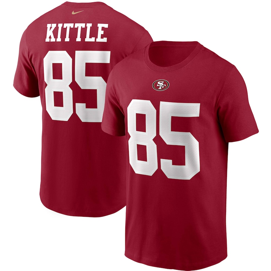 San Francisco 49ers George Kittle Football Scarlet Name & Number T-Shirt - Man San Francisco 49ers George Kittle Football Scarlet Name & Number T-Shirt - Man