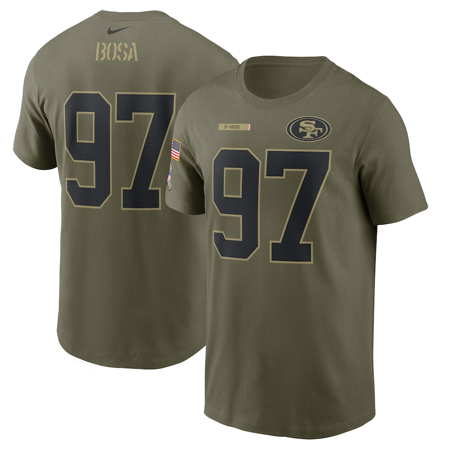 San Francisco 49ers Nick Bosa Football Camo 2021 Salute To Service Name & Number T-Shirt - Man
