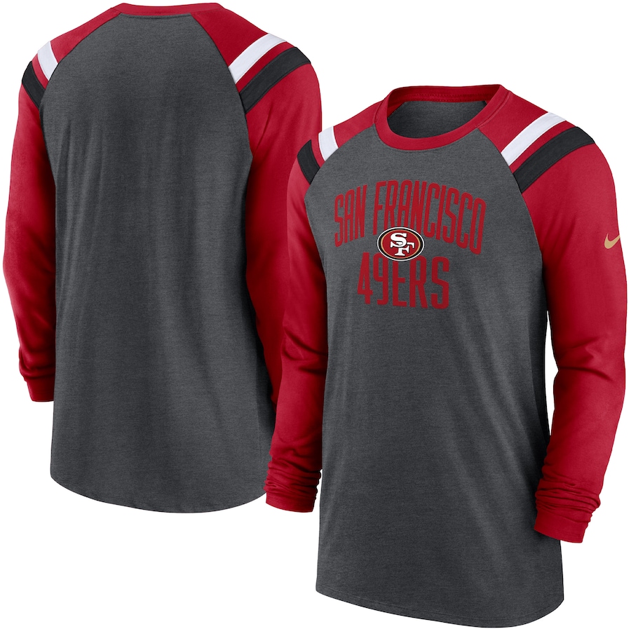 San Francisco 49ers Football Heathered Charcoal/Scarlet Tri-Blend Raglan Athletic Long Sleeve Fashion T-Shirt - Man San Francisco 49ers Football Heathered Charcoal/Scarlet Tri-Blend Raglan Athletic Long Sleeve Fashion T-Shirt - Man