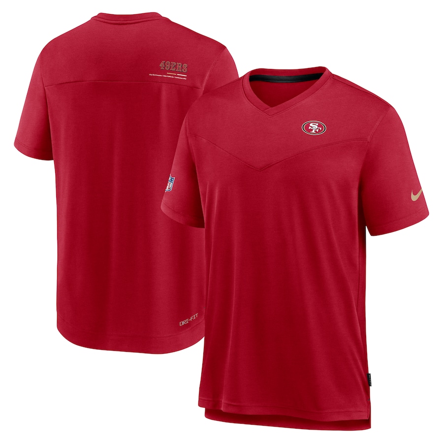 San Francisco 49ers Football Scarlet Sideline Coach Chevron Lock Up Logo V-Neck Performance T-Shirt - Man San Francisco 49ers Football Scarlet Sideline Coach Chevron Lock Up Logo V-Neck Performance T-Shirt - Man