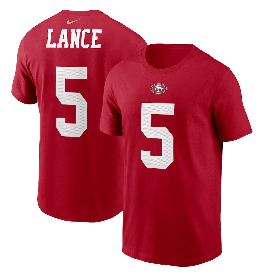 San Francisco 49ers Trey Lance Football Scarlet Player Name & Number T-Shirt - Man San Francisco 49ers Trey Lance Football Scarlet Player Name & Number T-Shirt - Man