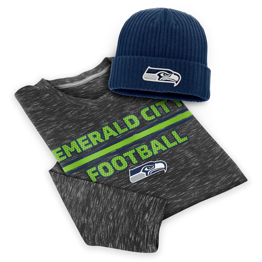 Seattle Seahawks Charcoal/College Navy Long Sleeve T-Shirt & Cuffed Knit Hat Combo Set - Man