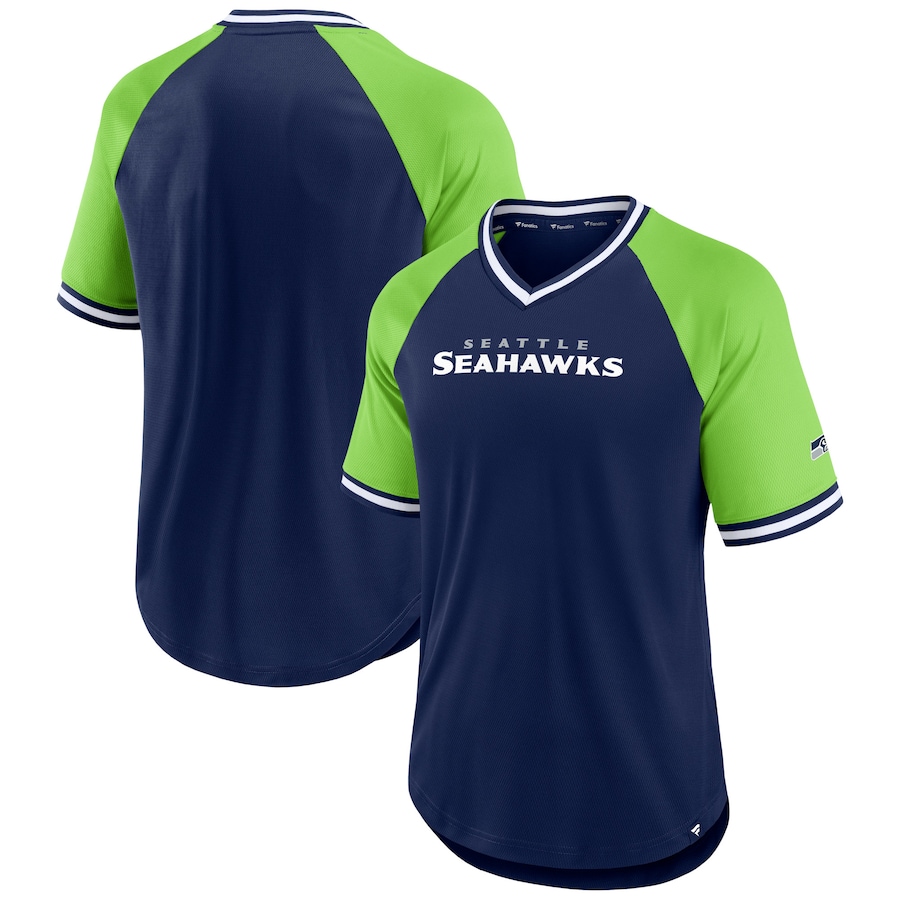 Seattle Seahawks College Navy/Neon Green Second Wind Raglan V-Neck T-Shirt - Man Seattle Seahawks College Navy/Neon Green Second Wind Raglan V-Neck T-Shirt - Man