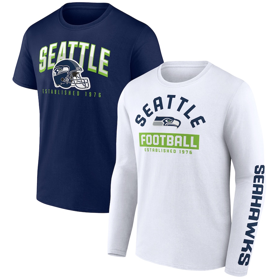 Seattle Seahawks College Navy/White Long and Short Sleeve Two-Pack T-Shirt - Man Seattle Seahawks College Navy/White Long and Short Sleeve Two-Pack T-Shirt - Man