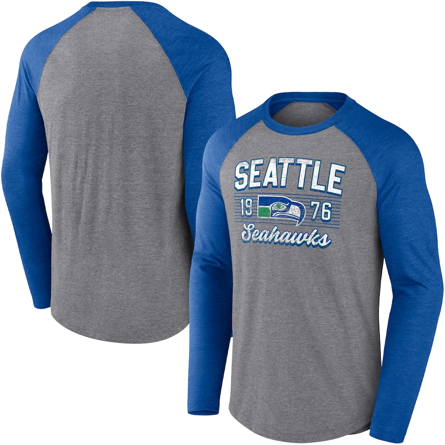 Seattle Seahawks Heathered Gray/Heathered Royal Weekend Casual Raglan Long Sleeve T-Shirt - Man Seattle Seahawks Heathered Gray/Heathered Royal Weekend Casual Raglan Long Sleeve T-Shirt - Man