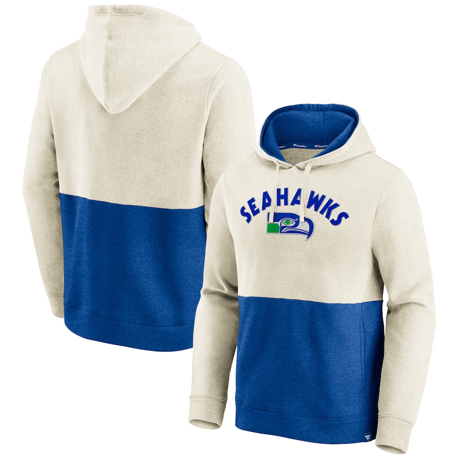 Seattle Seahawks Oatmeal/Royal Throwback Arch Colorblock Pullover Hoodie - Man Seattle Seahawks Oatmeal/Royal Throwback Arch Colorblock Pullover Hoodie - Man