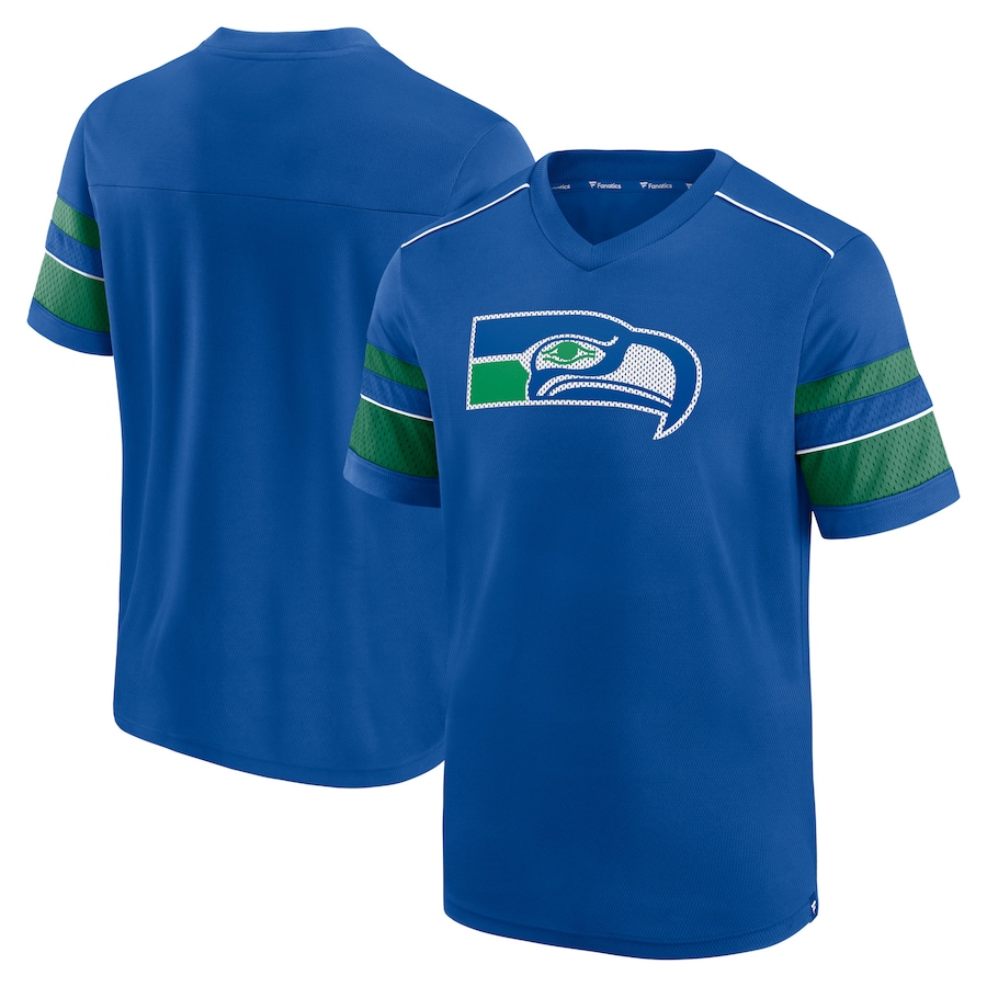 Seattle Seahawks Royal Textured Throwback Hashmark V-Neck T-Shirt - Man