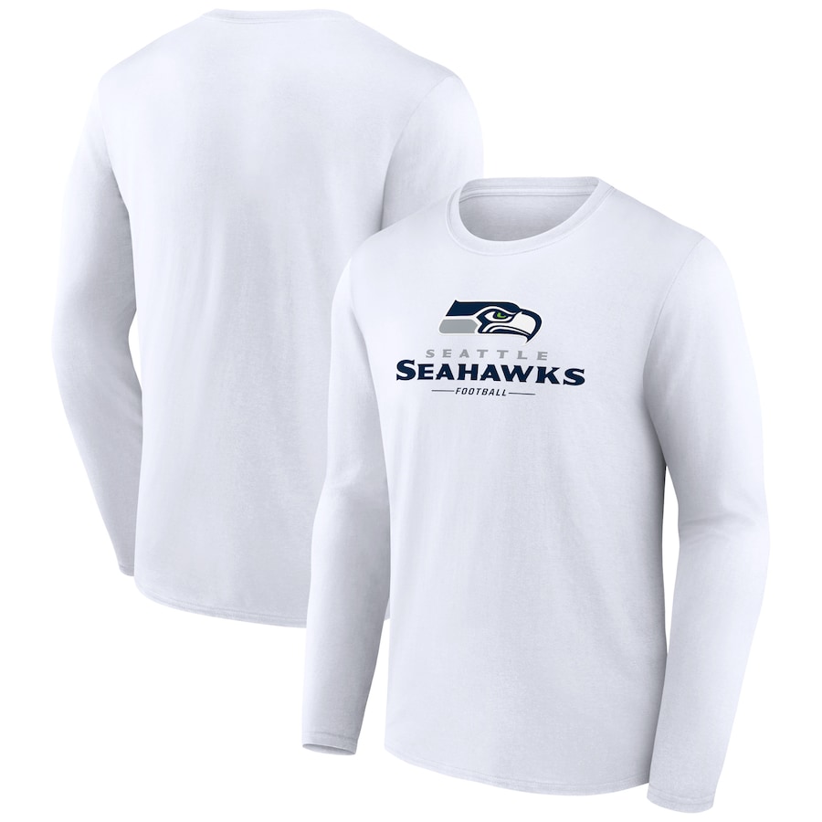 Seattle Seahawks White Logo Team Lockup Long Sleeve T-Shirt - Man Seattle Seahawks White Logo Team Lockup Long Sleeve T-Shirt - Man
