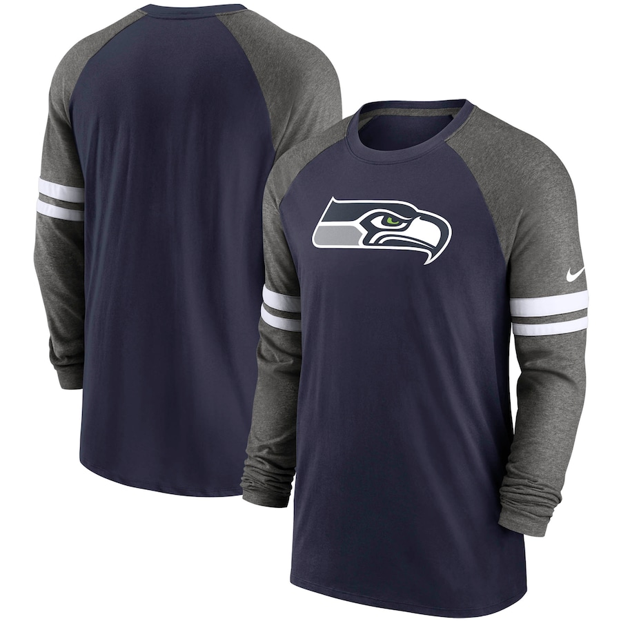 Seattle Seahawks Football College Navy/Charcoal Performance Raglan Long Sleeve T-Shirt - Man Seattle Seahawks Football College Navy/Charcoal Performance Raglan Long Sleeve T-Shirt - Man
