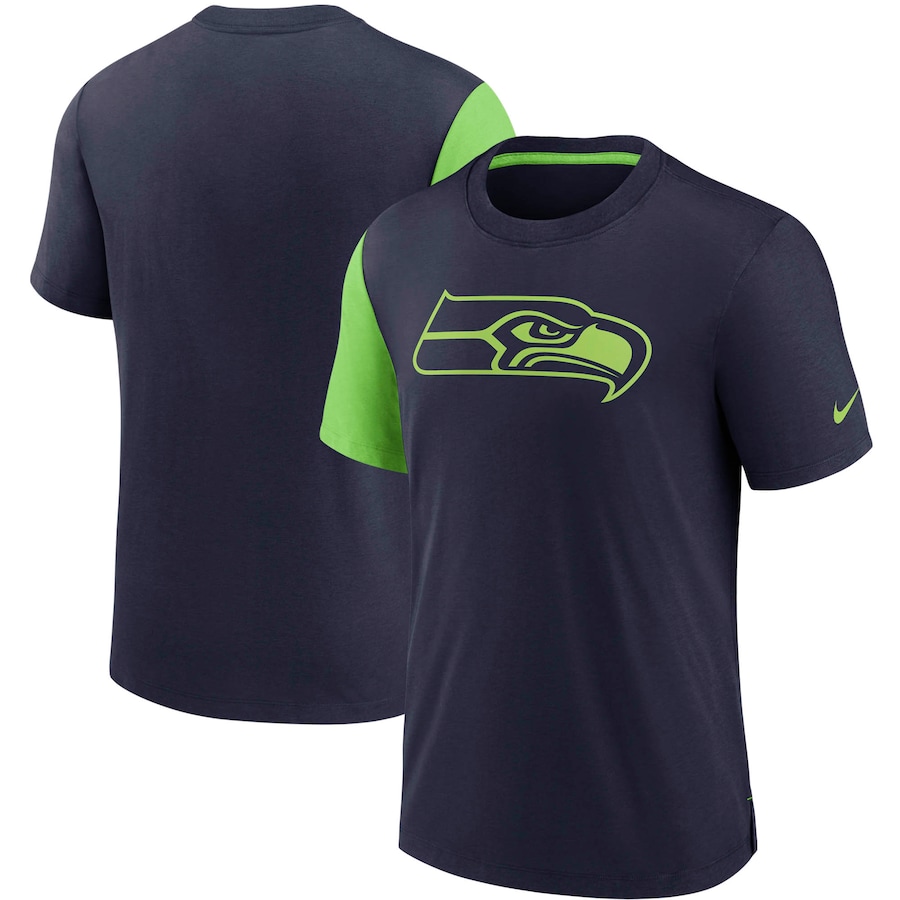 Seattle Seahawks Football College Navy/Neon Green Pop Performance T-Shirt - Man Seattle Seahawks Football College Navy/Neon Green Pop Performance T-Shirt - Man