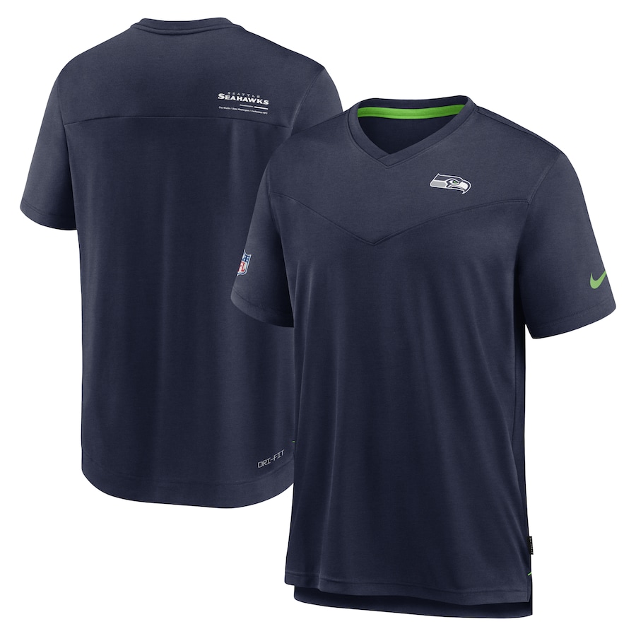Seattle Seahawks Football Heather Navy Sideline Coach Chevron Lock Up Logo V-Neck Performance T-Shirt - Man Seattle Seahawks Football Heather Navy Sideline Coach Chevron Lock Up Logo V-Neck Performance T-Shirt - Man